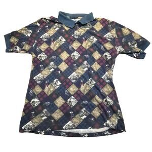 Vintage Great Lakes Fishing Polo Mens L‎ Blue Maroon Outdoor Print Diamond Golf